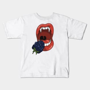 Mouth with vampire teeth about to take a bite into a blue berry Kids T-Shirt